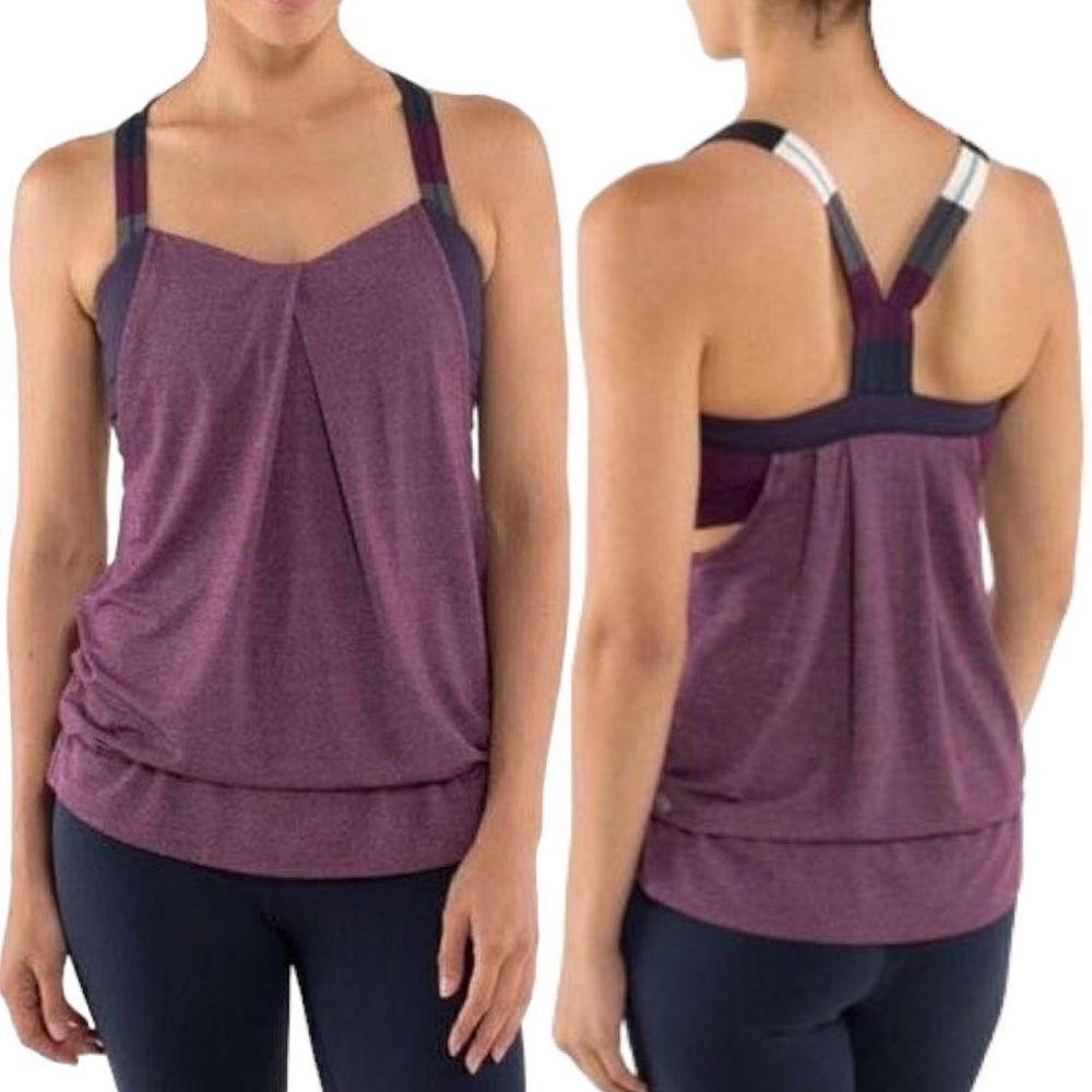 Lululemon Rest Less Tank Womens 4 Small Built In Bra Heathered Plum/Hyper Stripe
